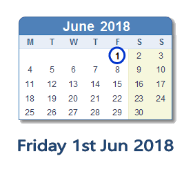 1 June 2018 calendar