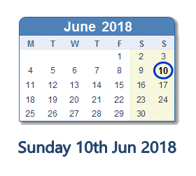 10 June 2018 calendar