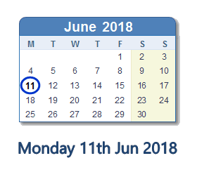 11 June 2018 calendar