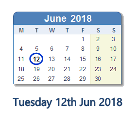 12 June 2018 calendar