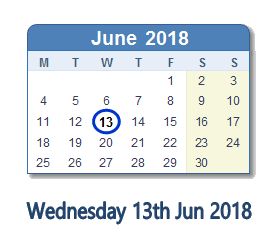 13 June 2018 calendar