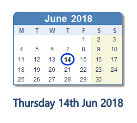 14 June 2018 calendar