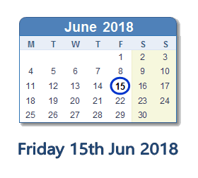 15 June 2018 calendar
