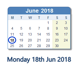 18 June 2018 calendar