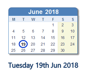 19 June 2018 calendar