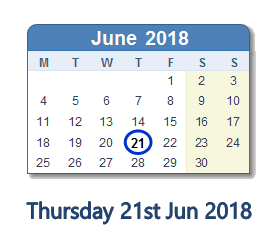 21 June 2018 calendar