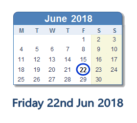 22 June 2018 calendar