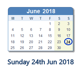 24 June 2018 calendar
