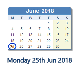 25 June 2018 calendar