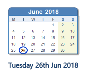 26 June 2018 calendar