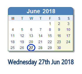 27 June 2018 calendar