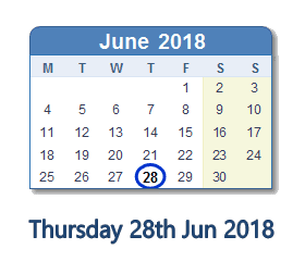 28 June 2018 calendar