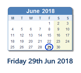 29 June 2018 calendar