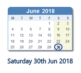 30 June 2018 calendar