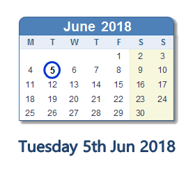 5 June 2018 calendar