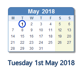 May 1, 2018 calendar