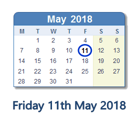 May 11, 2018 calendar