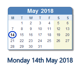 May 14, 2018 calendar