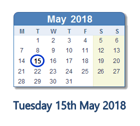15 May 2018 calendar