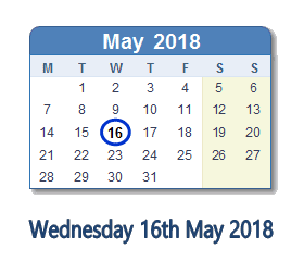16 May 2018 calendar
