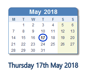 May 17, 2018 calendar