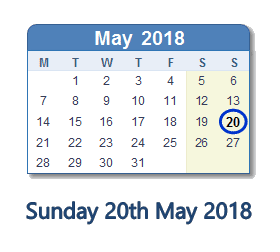 20 May 2018 calendar