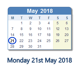 May 21, 2018 calendar