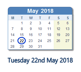 22 May 2018 calendar