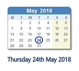 24 May 2018 calendar