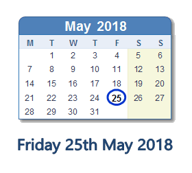 May 25, 2018 calendar