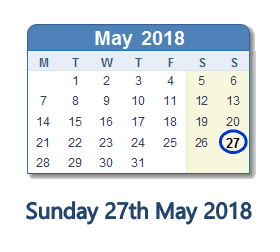 27 May 2018 calendar