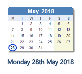 28 May 2018 calendar