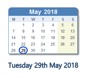 29 May 2018 calendar