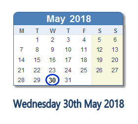 30 May 2018 calendar