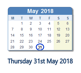 31 May 2018 calendar