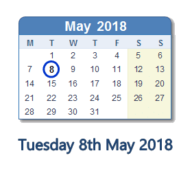 May 8, 2018 calendar