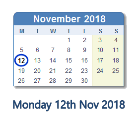 12 November 2018 calendar