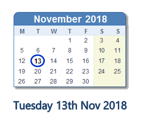 13 November 2018 calendar