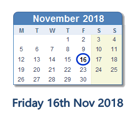 16 November 2018 calendar