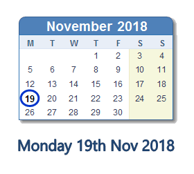 19 November 2018 calendar