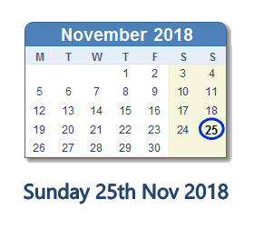 25 November 2018 calendar