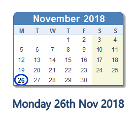26 November 2018 calendar