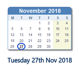 27 November 2018 calendar