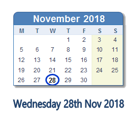 28 November 2018 calendar