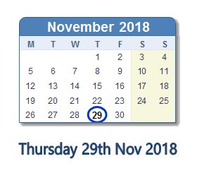 29 November 2018 calendar