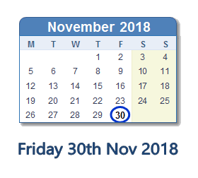 30 November 2018 calendar