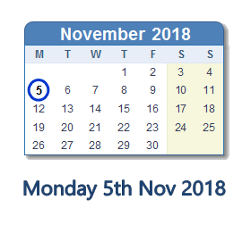 5 November 2018 calendar