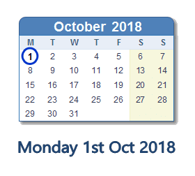 1 October 2018 calendar