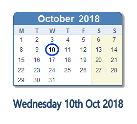 10 October 2018 calendar