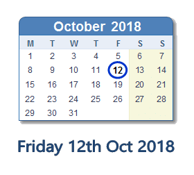 12 October 2018 calendar